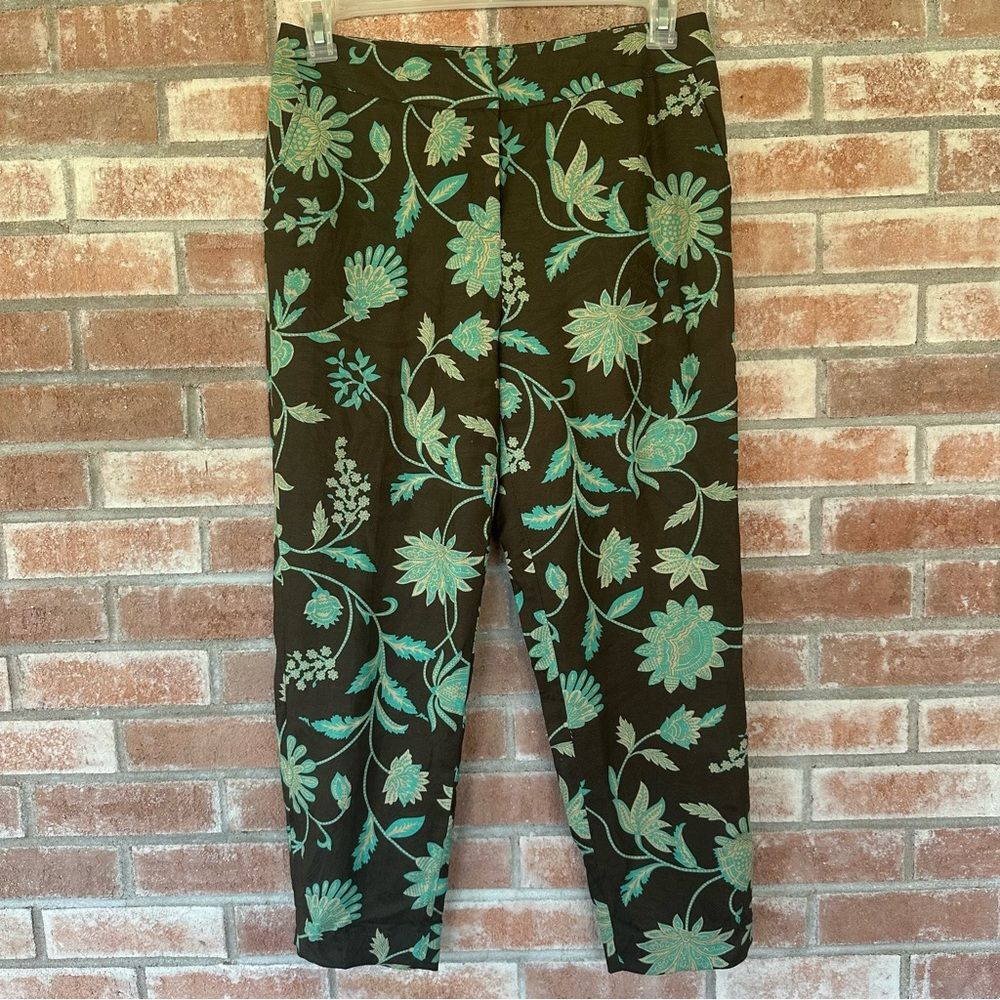 Lafayette 148 NEW Straight Trousers Pants Linen Blend Women’s 4 Brown Paisley